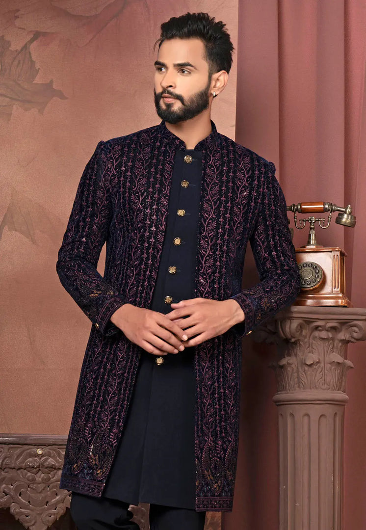 Navy Blue Velvet Jacket Style Sherwani