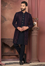 Load image into Gallery viewer, Navy Blue Velvet Jacket Style Sherwani
