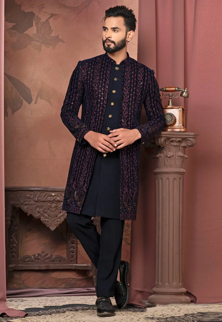 Navy Blue Velvet Jacket Style Sherwani