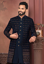 Load image into Gallery viewer, Navy Blue Velvet Jacket Style Sherwani
