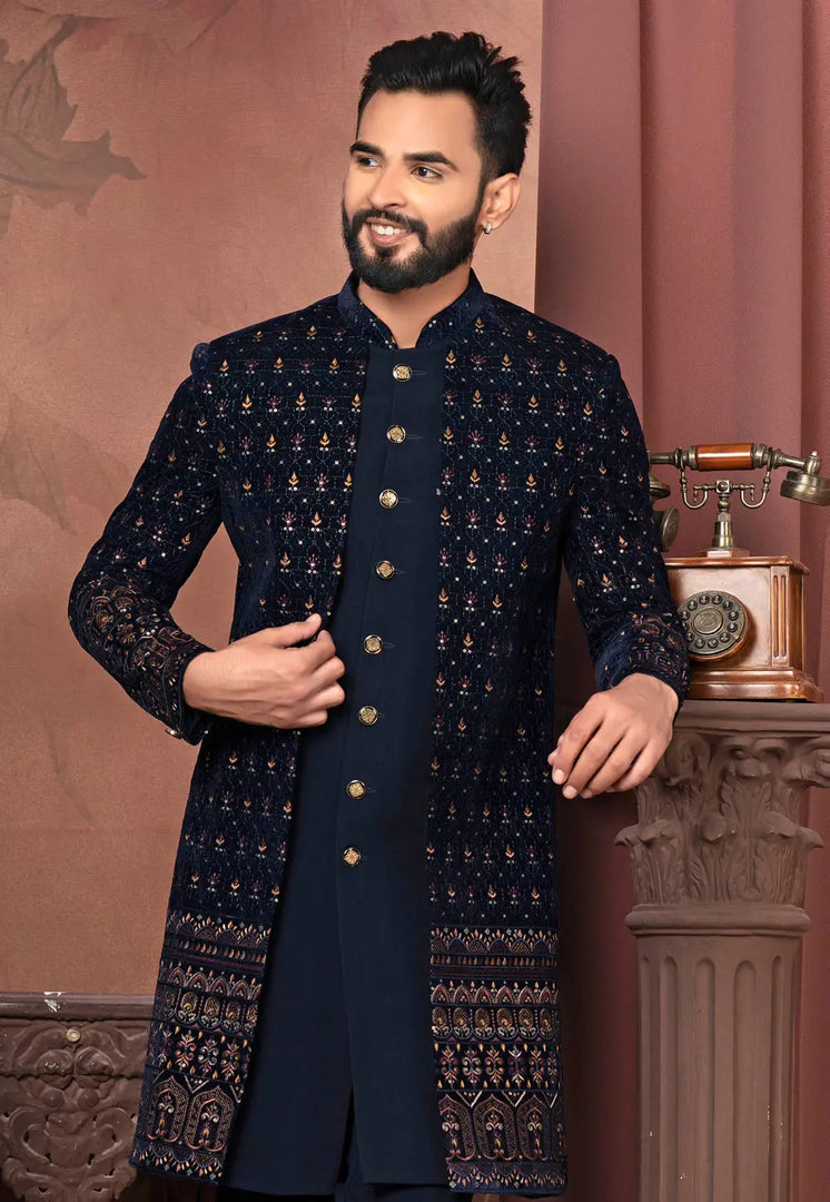 Navy Blue Velvet Jacket Style Sherwani