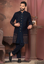 Load image into Gallery viewer, Navy Blue Velvet Jacket Style Sherwani
