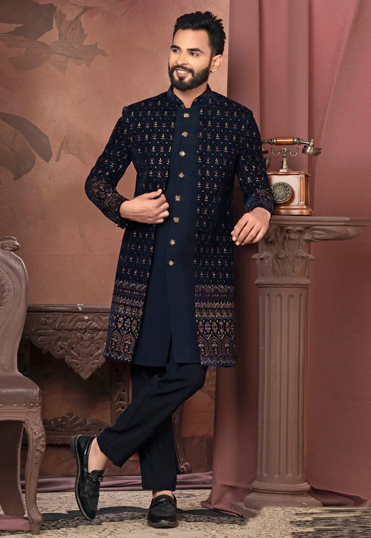 Navy Blue Velvet Jacket Style Sherwani