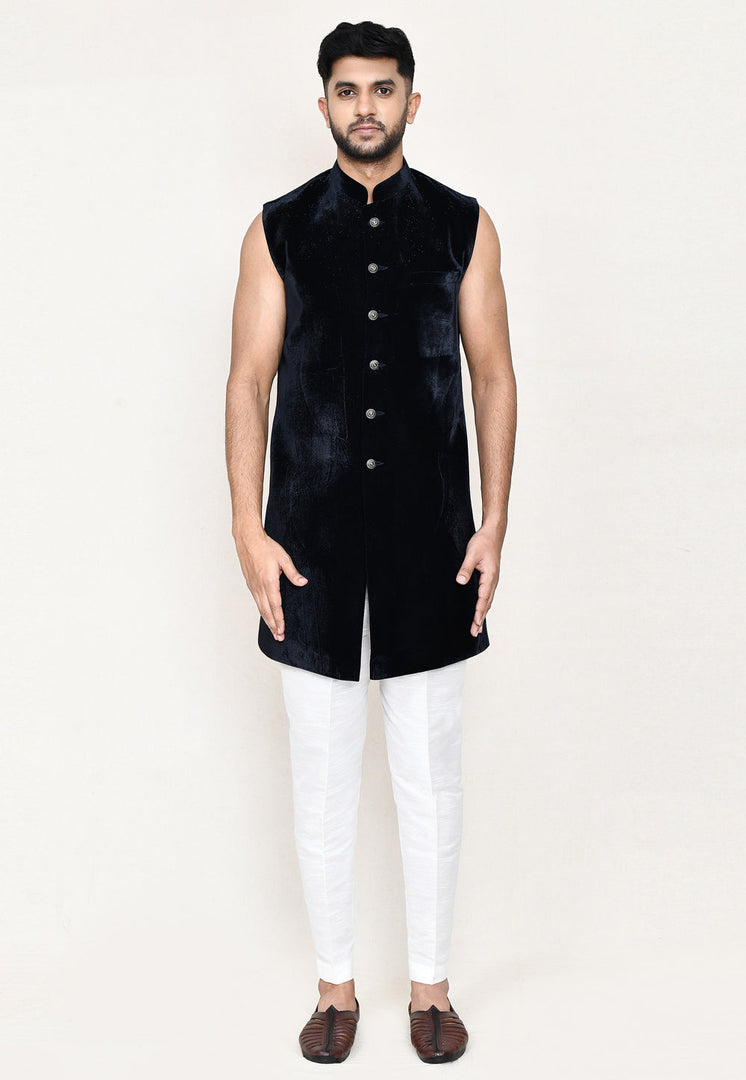 Navy Blue Velvet Jacket Style Sherwani