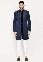 Load image into Gallery viewer, Navy Blue Velvet Jacket Style Sherwani

