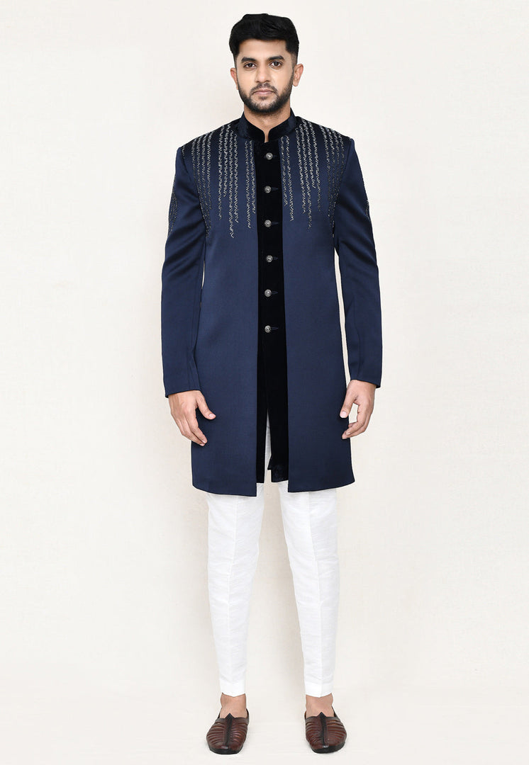 Navy Blue Velvet Jacket Style Sherwani