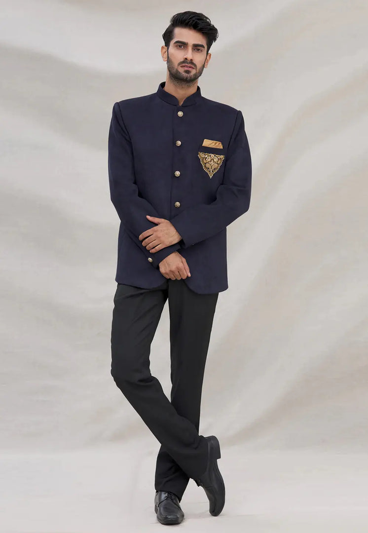 Navy Blue Velvet Jodhpuri Suit