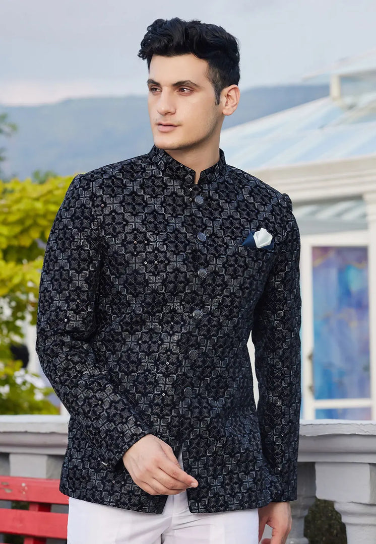 Navy Blue Velvet Jodhpuri Suit
