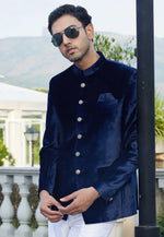 Load image into Gallery viewer, Navy Blue Velvet Jodhpuri Suit
