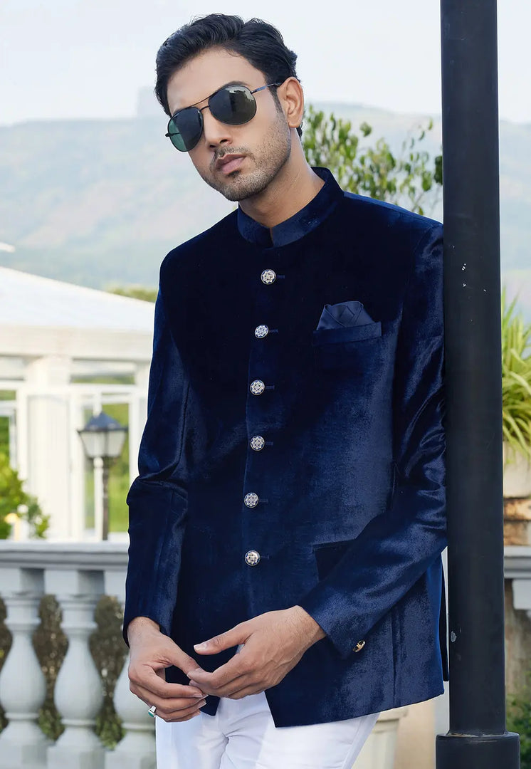 Navy Blue Velvet Jodhpuri Suit