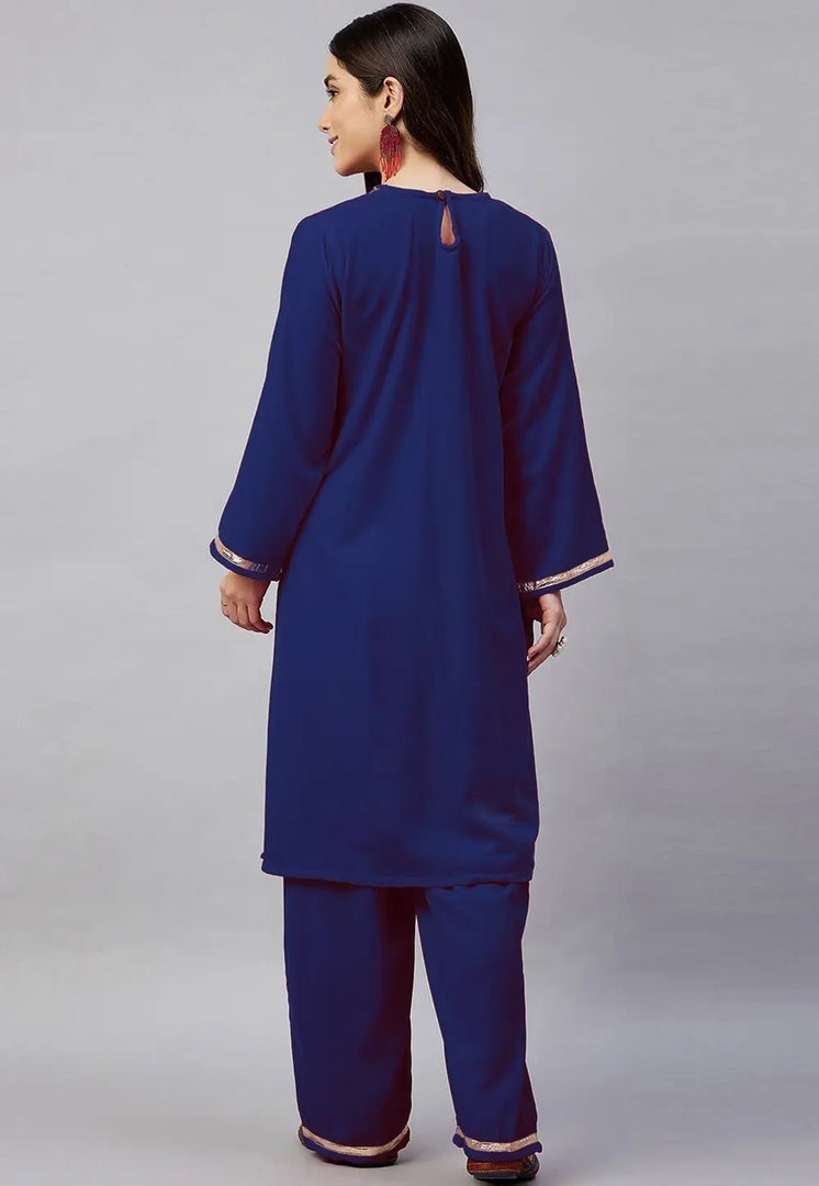 Navy Blue Velvet Kurta Set With Palazzo