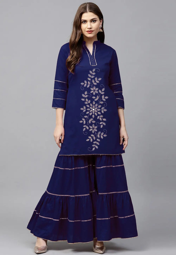 Navy Blue Velvet Kurta Set With Palazzo