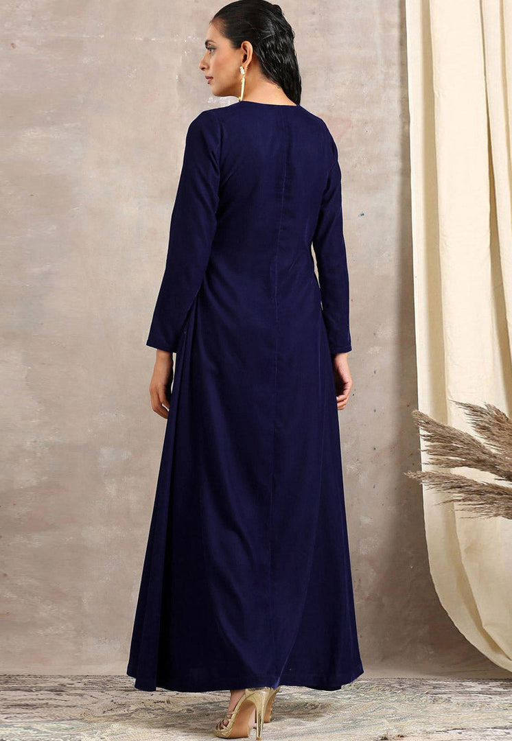 Navy Blue Velvet Kurta Set With Pant