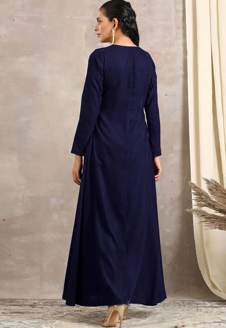 Navy Blue Velvet Kurta Set With Pent