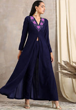 Load image into Gallery viewer, Navy Blue Velvet Kurta Set With Pent
