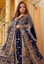 Load image into Gallery viewer, Navy Blue Velvet Long Choli Lehenga
