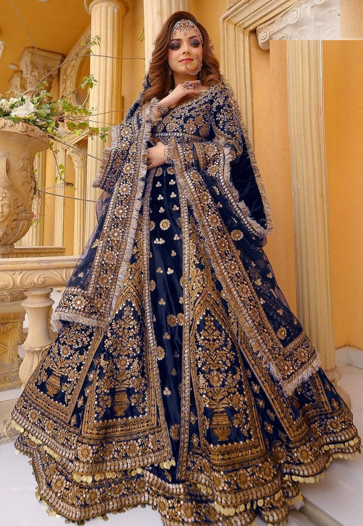 Navy Blue Velvet Long Choli Lehenga