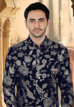 Load image into Gallery viewer, Navy Blue Velvet Pakistani Sherwani
