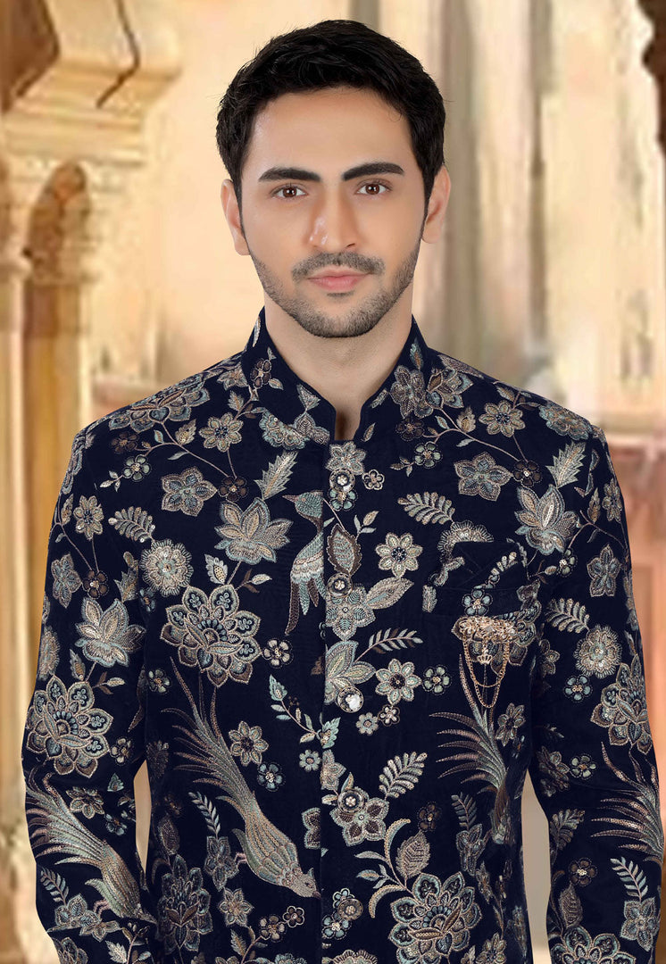 Navy Blue Velvet Pakistani Sherwani