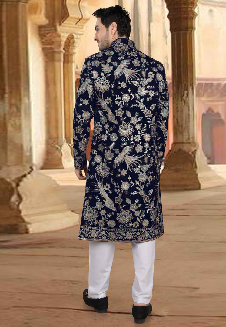 Navy Blue Velvet Pakistani Sherwani