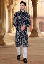 Load image into Gallery viewer, Navy Blue Velvet Pakistani Sherwani
