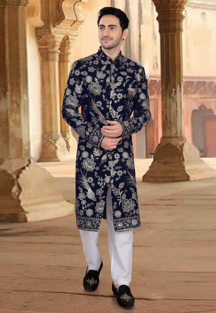 Navy Blue Velvet Pakistani Sherwani