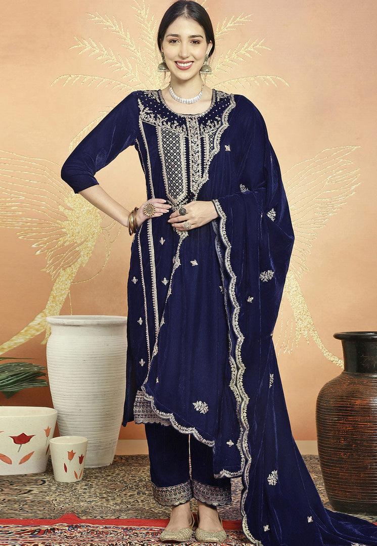 Navy Blue Velvet Pakistani Suit