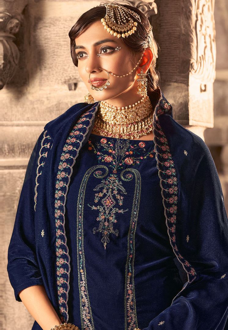 Navy Blue Velvet Pant Style Suit