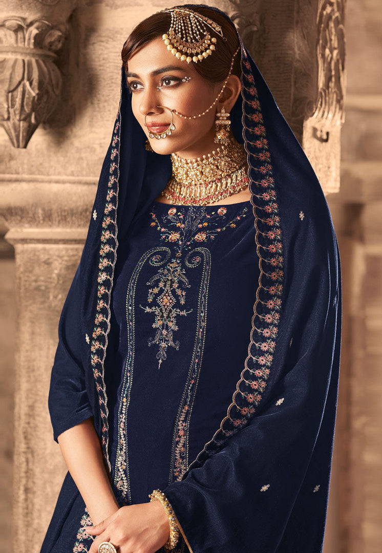 Navy Blue Velvet Pant Style Suit