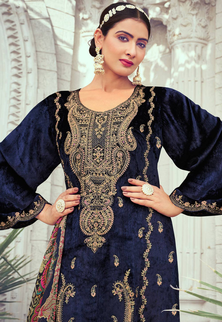 Navy Blue Velvet Pant Style Suit