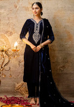 Load image into Gallery viewer, Navy Blue Velvet Readymade Pakistani Suit
