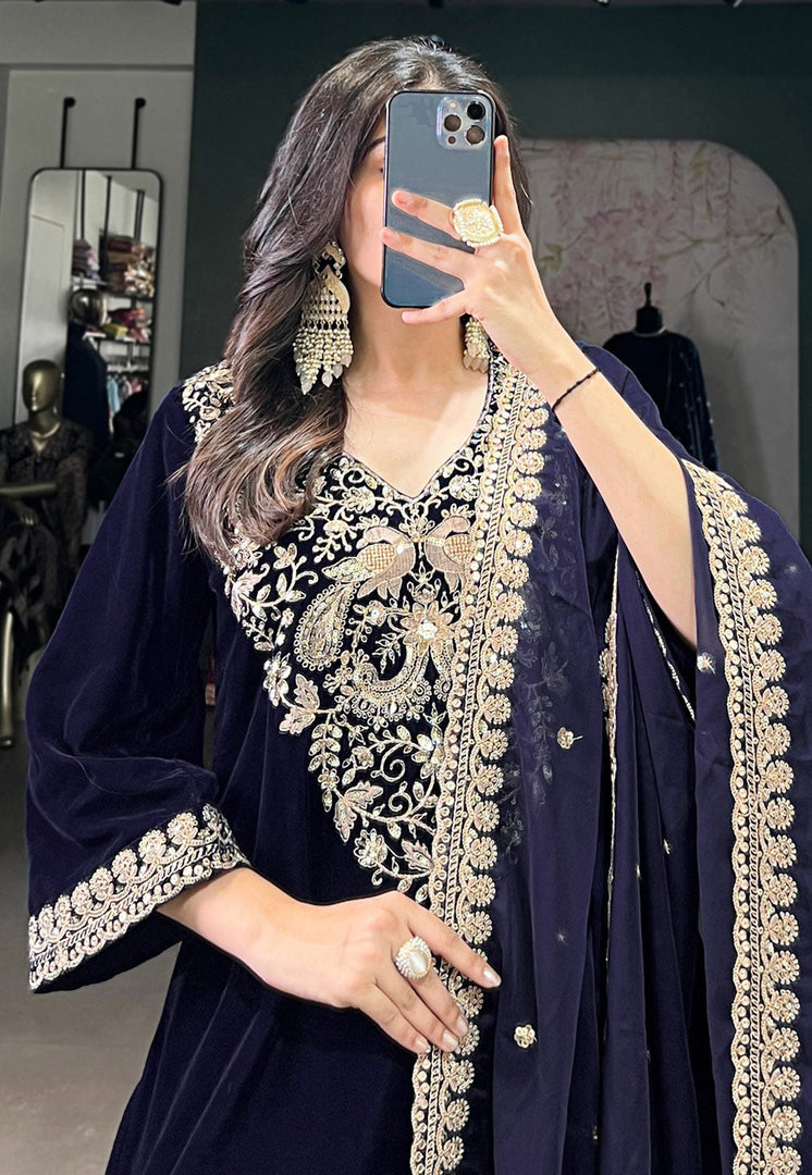 Navy Blue Velvet Readymade Pant Style Suit