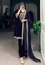Load image into Gallery viewer, Navy Blue Velvet Readymade Pant Style Suit
