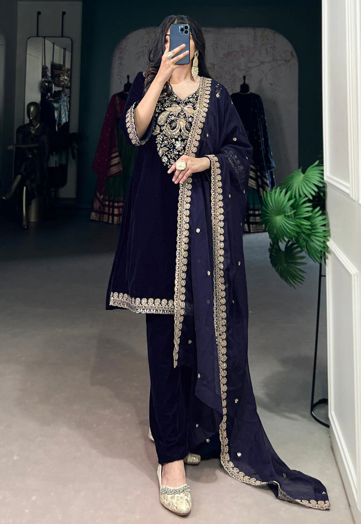 Navy Blue Velvet Readymade Pant Style Suit