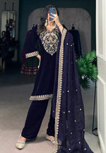 Load image into Gallery viewer, Navy Blue Velvet Readymade Pant Style Suit
