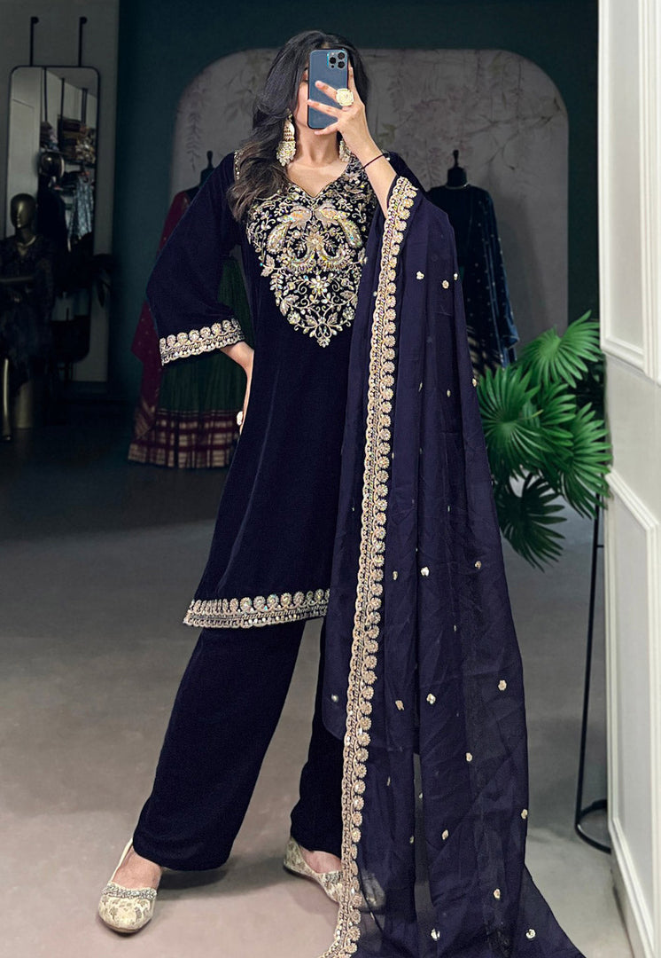 Navy Blue Velvet Readymade Pant Style Suit