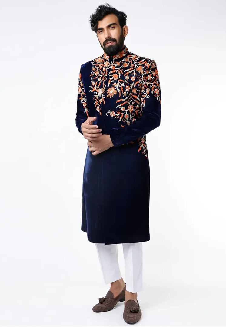 Navy Blue Velvet Sherwani