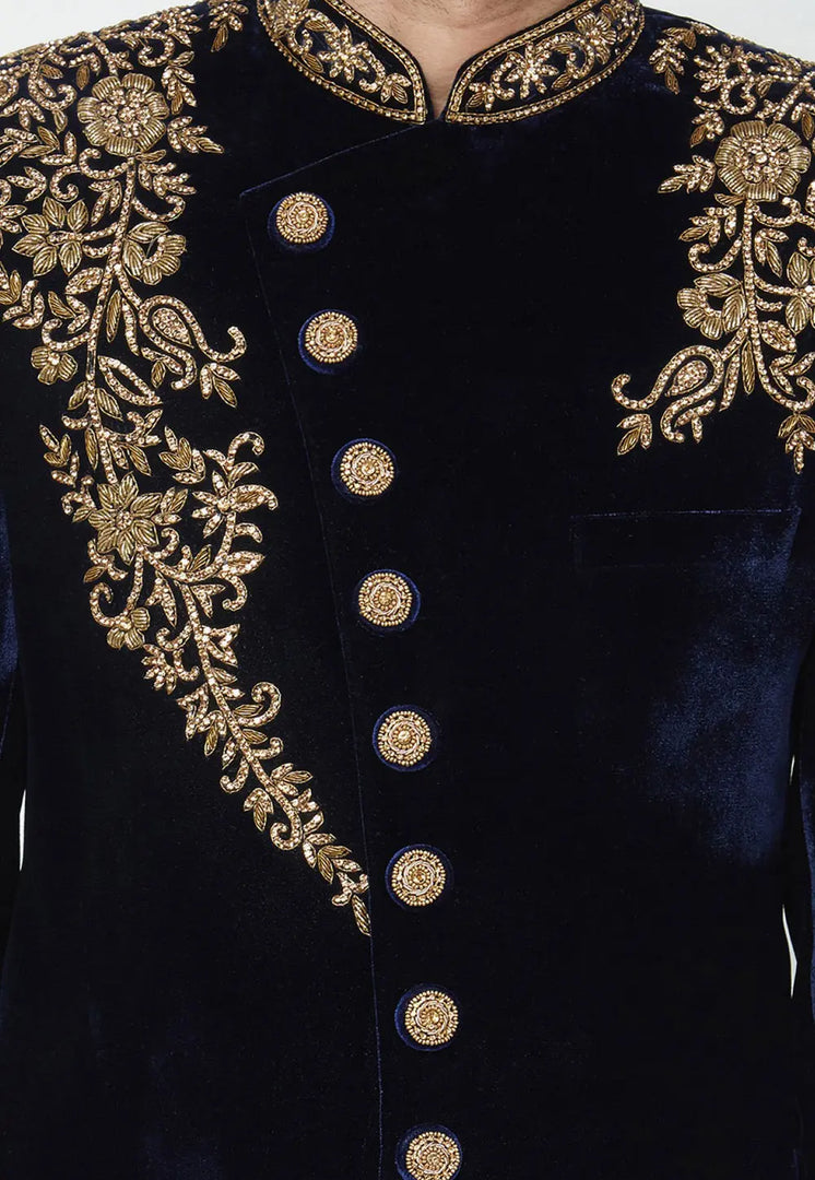 Navy Blue Velvet Sherwani