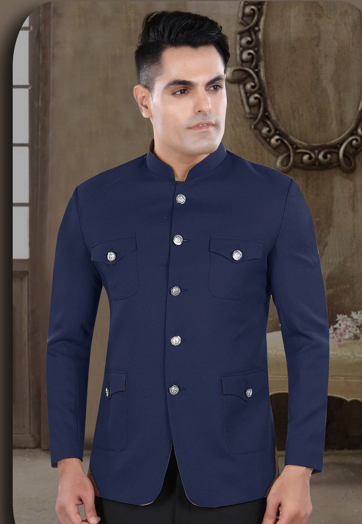 Navy Blue Viscose Jodhpuri Suit