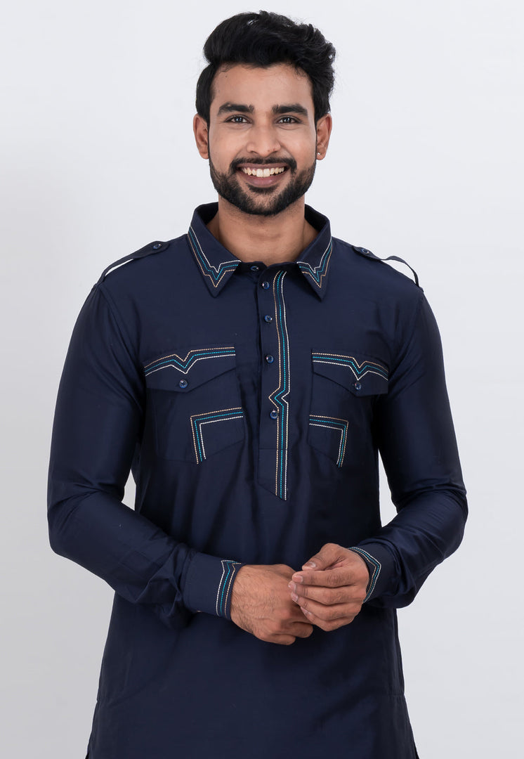 Navy Blue Viscose Pathani Suit
