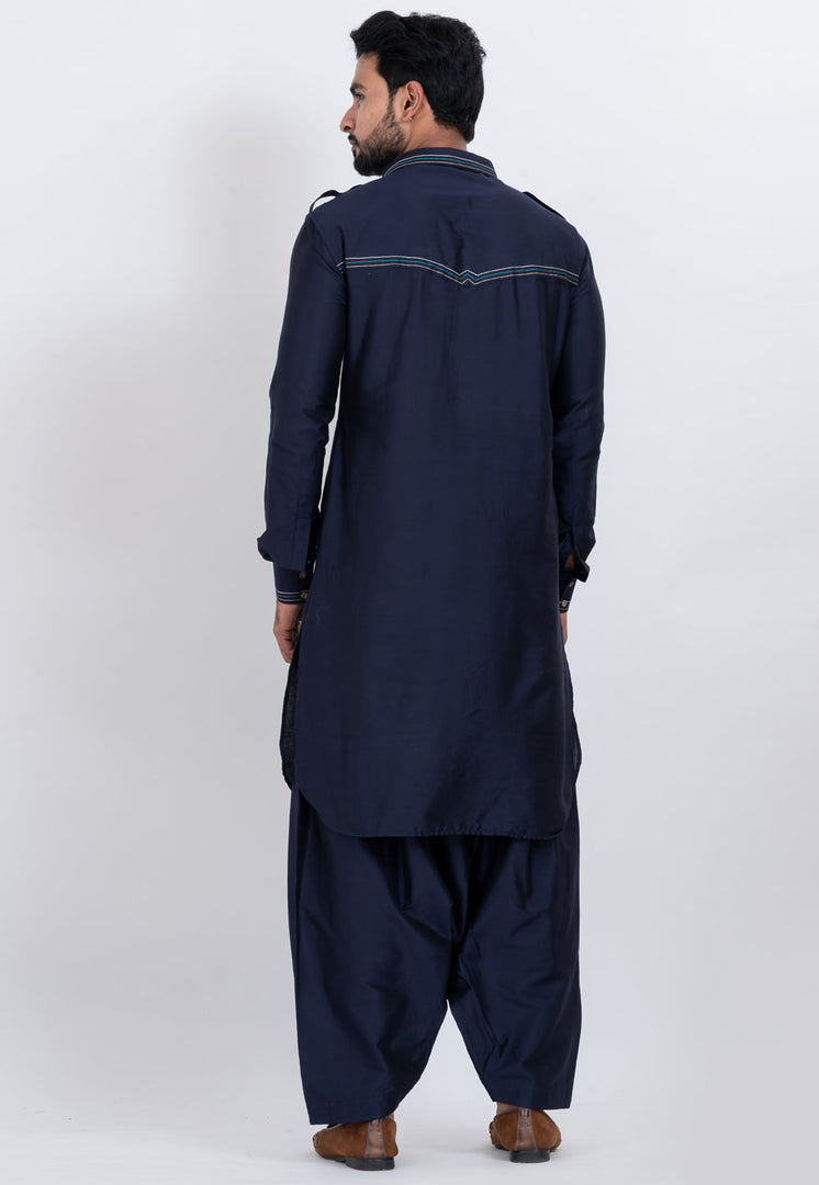 Navy Blue Viscose Pathani Suit
