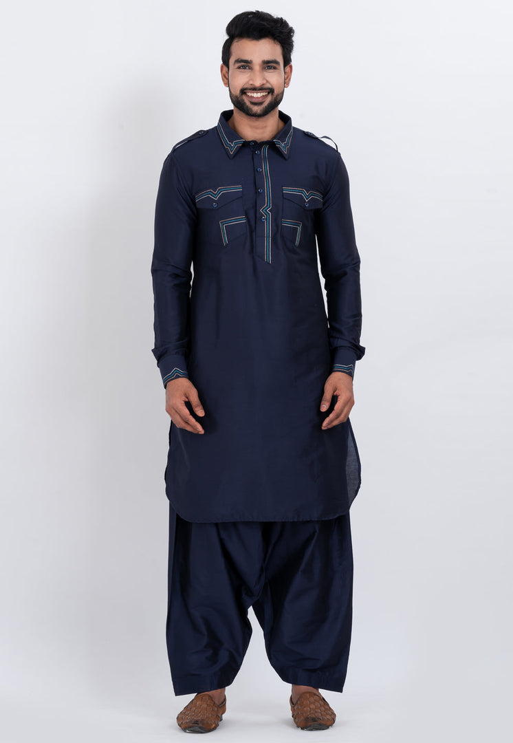 Navy Blue Viscose Pathani Suit