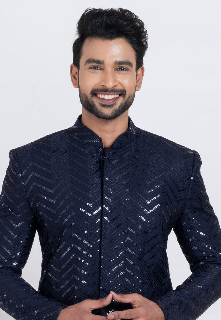 Navy Blue Viscose Rayon Indo Western Suit