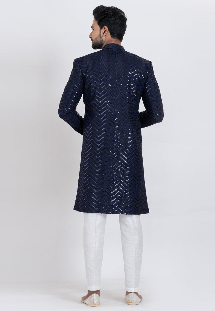 Navy Blue Viscose Rayon Indo Western Suit
