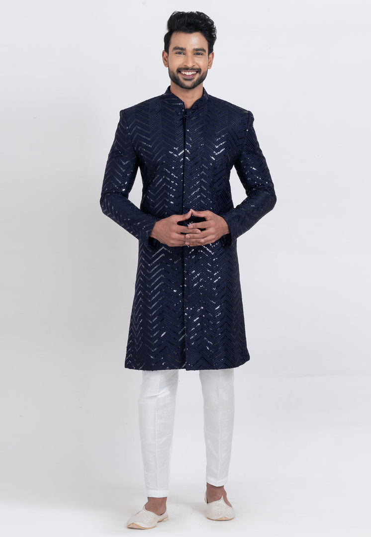 Navy Blue Viscose Rayon Indo Western Suit