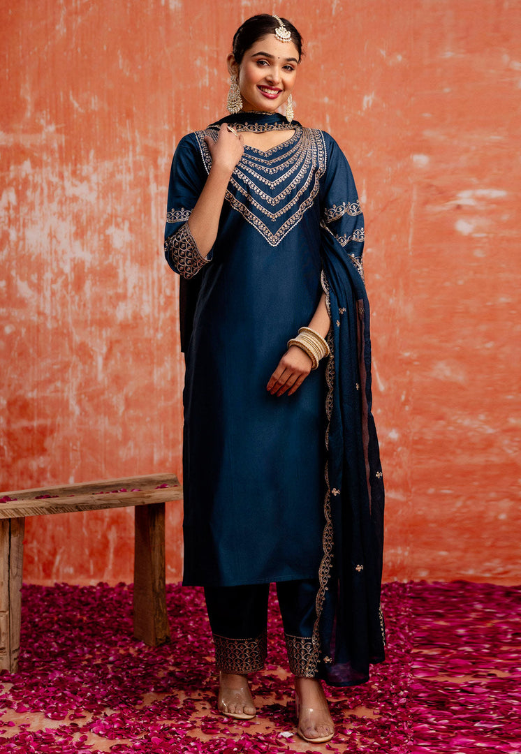 Navy Blue Viscose Rayon Readymade Pakistani Suit