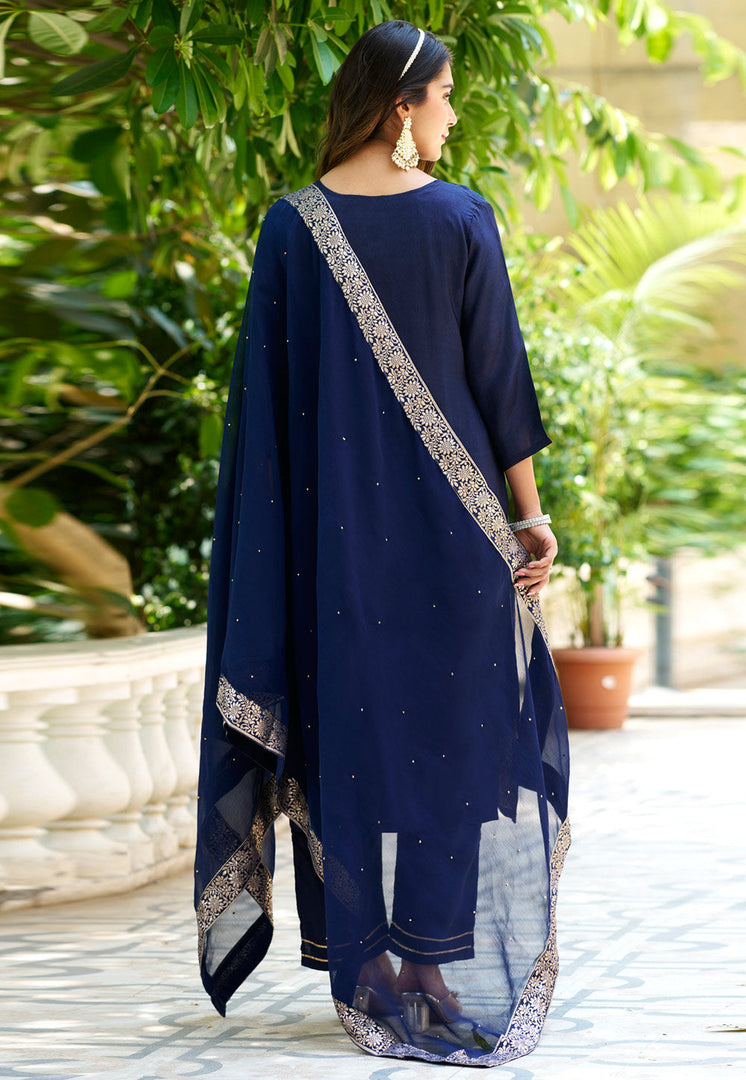 Navy Blue Viscose Rayon Readymade Pant Style Suit