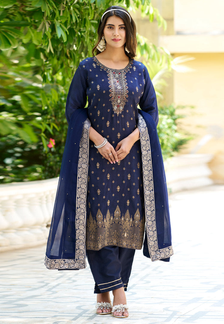 Navy Blue Viscose Rayon Readymade Pant Style Suit