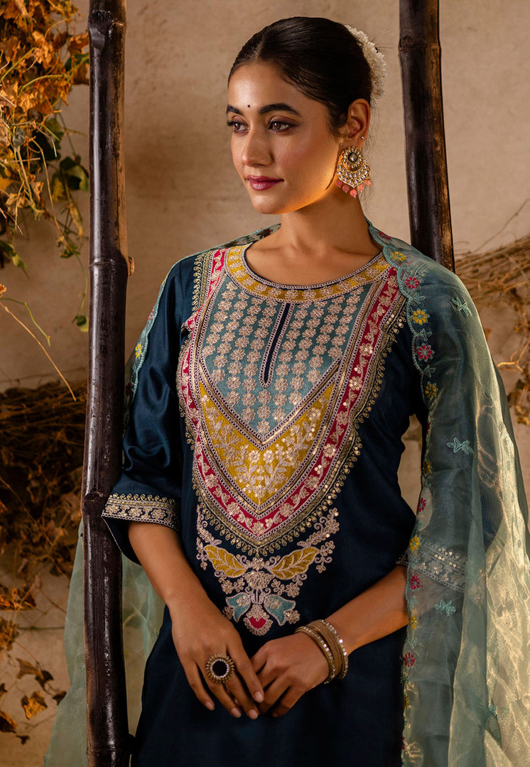 Navy Blue Viscose Rayon Readymade Pant Style Suit