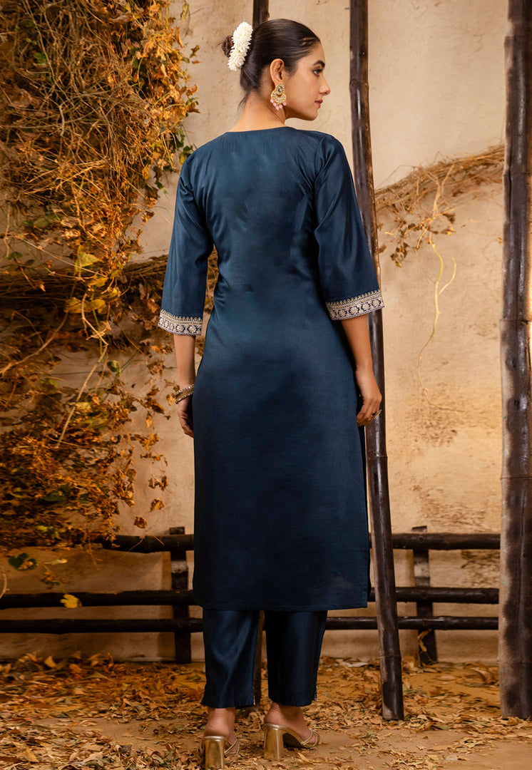 Navy Blue Viscose Rayon Readymade Pant Style Suit